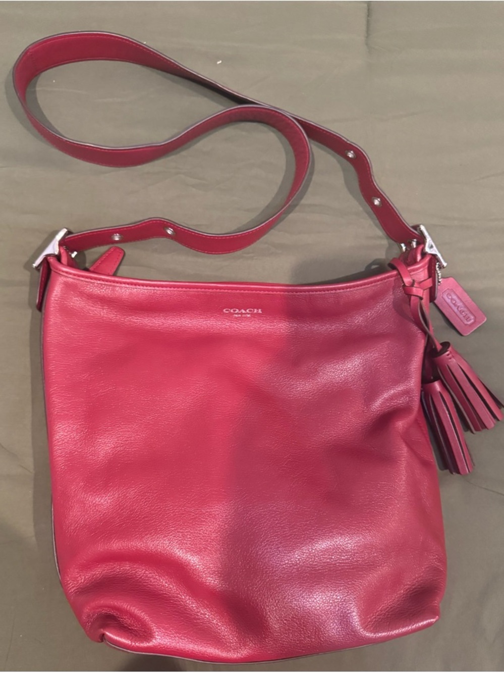 Authentic Coach Red Leather Shoulder Bag with Tassel Charm